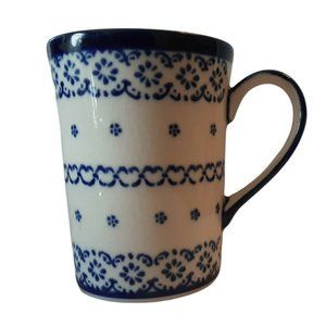 Small 6 oz. Polish Pottery Coffee Tea Mug Cup Blue White Floral